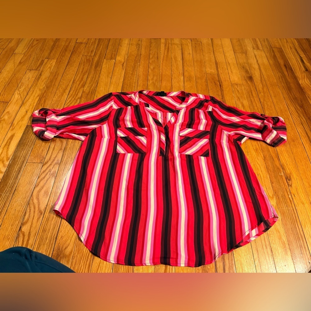 Torrid Harper Blouse Size 2 Pink Red Stripe Roll Tab Sleeve Chiffon Top